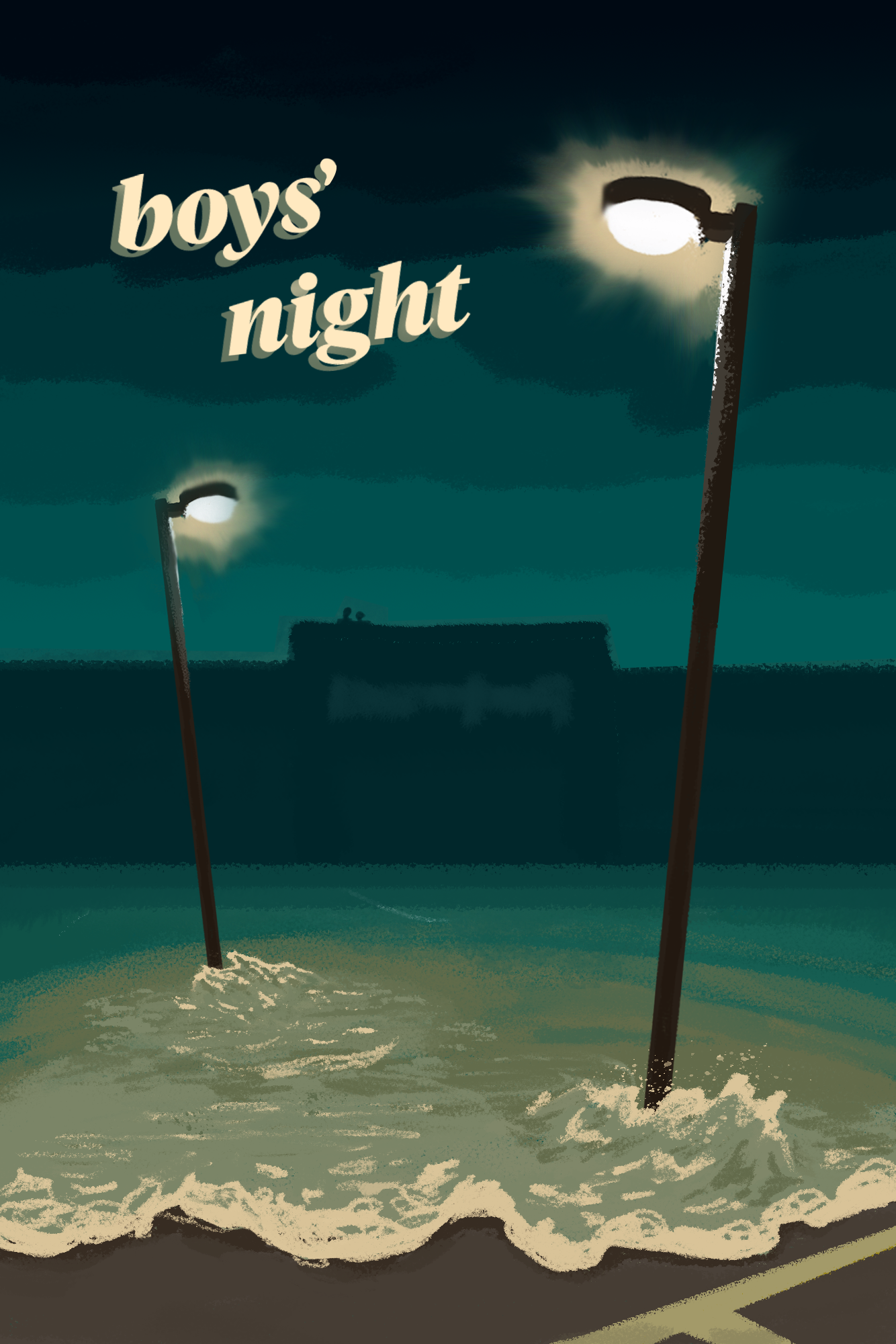 Floodwater covers the ground, yet two leaning streetlights illuminate the night. A dark outline of a wall can be seen in the foreground.