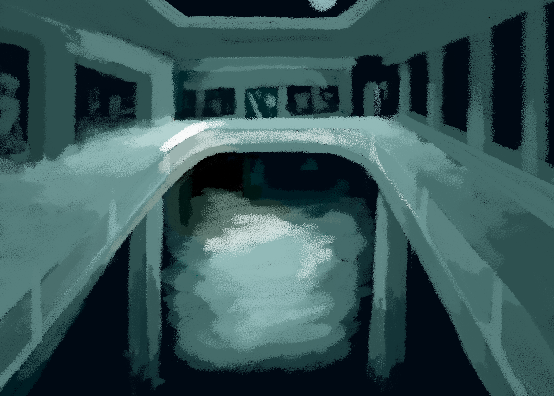 A second-floor plaza hallway with indistinguishable objects though the room openings. Moonlight shines through the cieling and illuminates the first-floor through the opening.