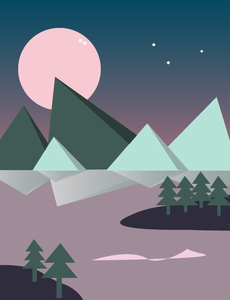 Medium: Adobe Illustrator. The moonlight reflects the mountain peaks off a purple lake.