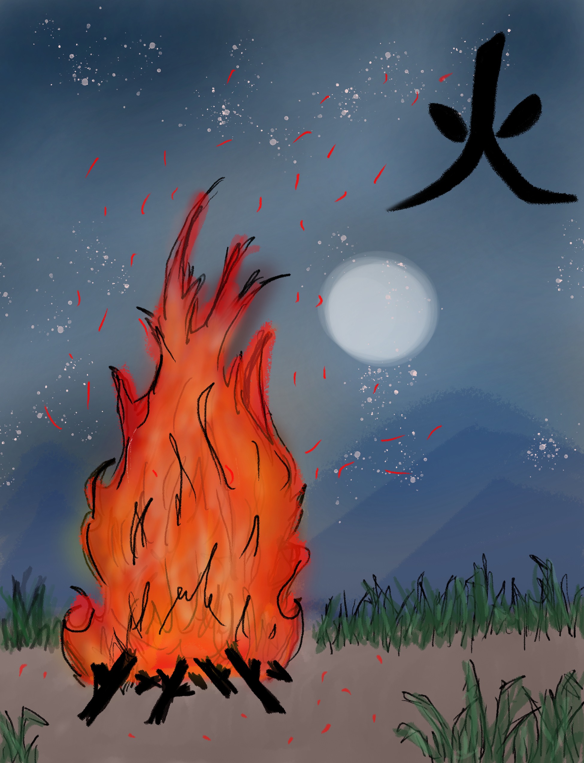 A bonfire blazes high into the moonlit night.