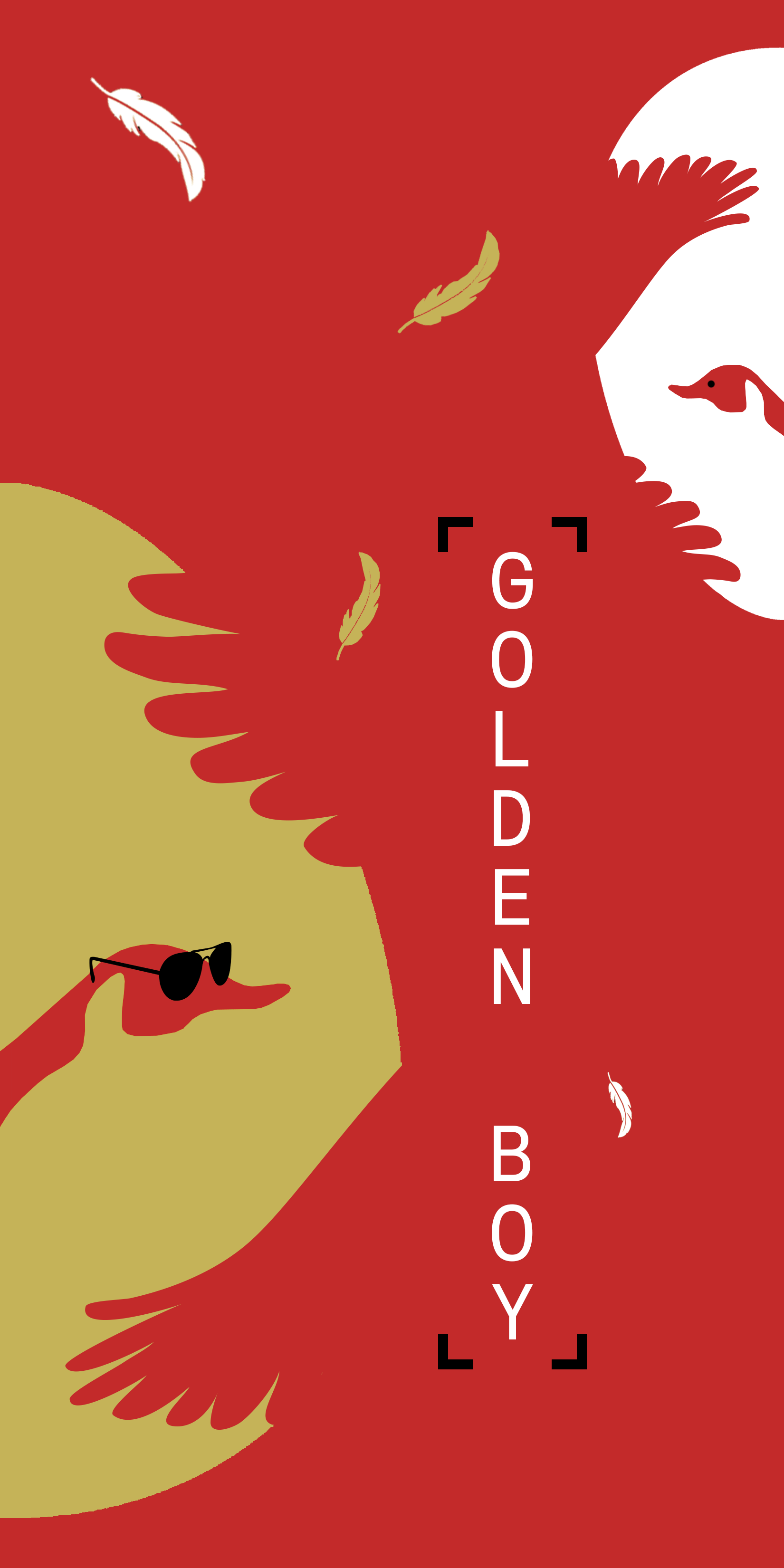 White and yellow feathers fall down the illustration. Two goose heads stick into the poster, with the lower goose wearing a pair of shades.