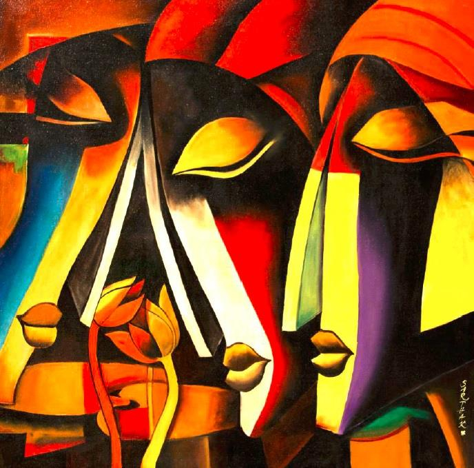 Medium: Oil on canvas. A cubism-styled painting. Three faces watch two flowers facing each other about to bloom.