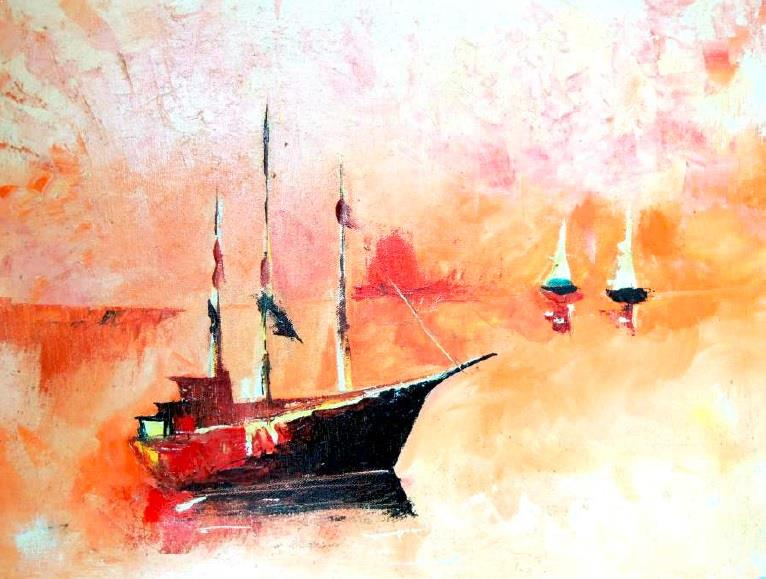 Medium: Oil on canvas. A sloop ship with reefed sails drifts across the sea. Two other sloops can be seen on the horizon, but it isn't clear if they are approaching or sailing away. The whole illustration is colored red.