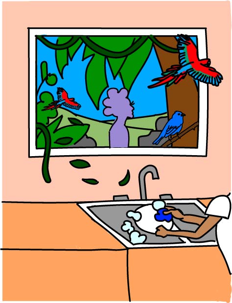 Through a window of the rainforest, a macaw flies into the kitchen. Someone washes a dish in the sink.