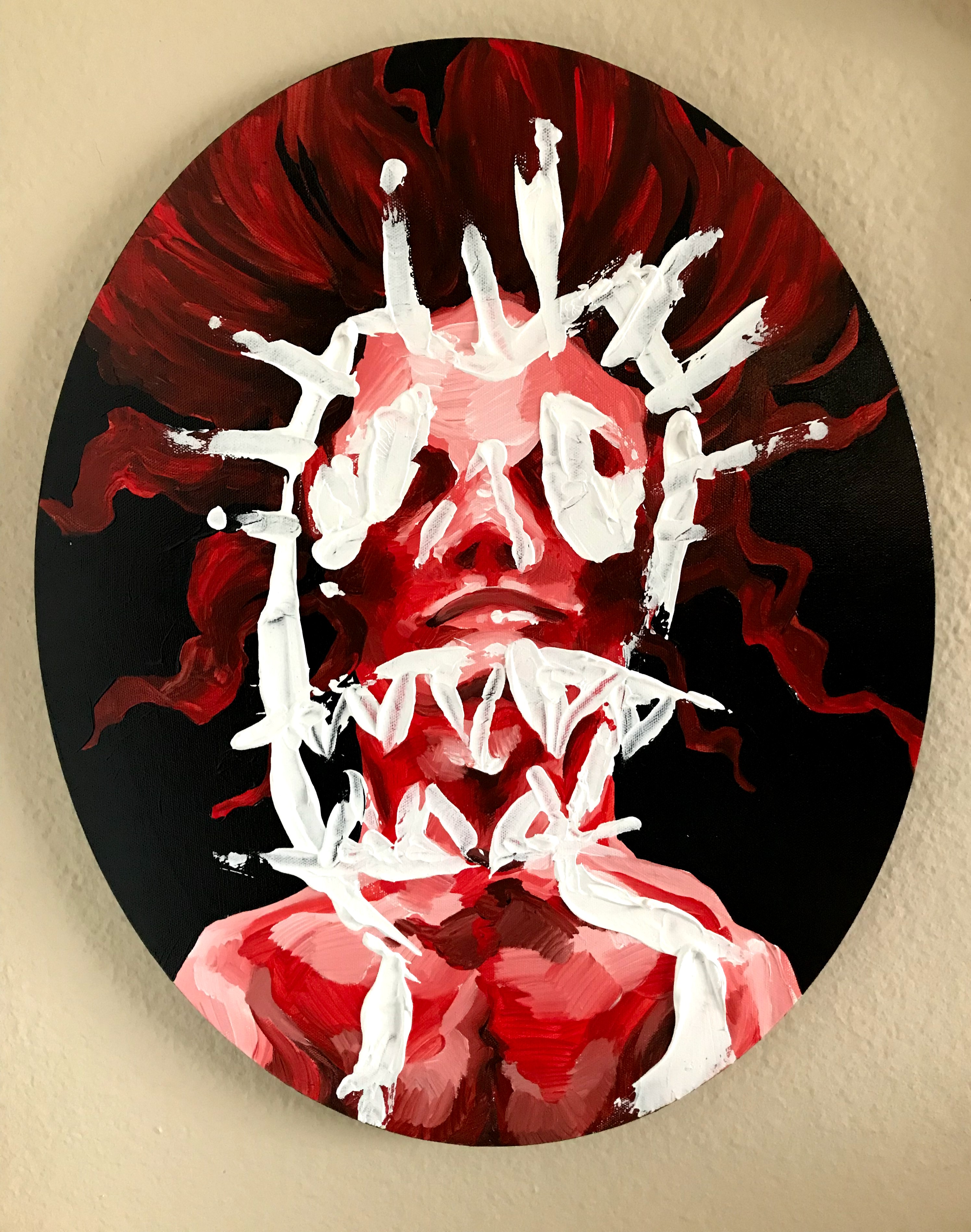 Medium: Acrylic on canvas. Within an oval-shaped frame, the top half of a body is painted in shades of red. The figure's eyes are closed and their long hair sticks away from the face, like hair underwater. On top of the body painting are thick white paint strokes: one outlining the shape of the face, multiple coming out of the face outline on top of the hair, two rounded ones over the eyes, two angular strokes going down the chest, and two rows of teeth-like strokes on the neck.