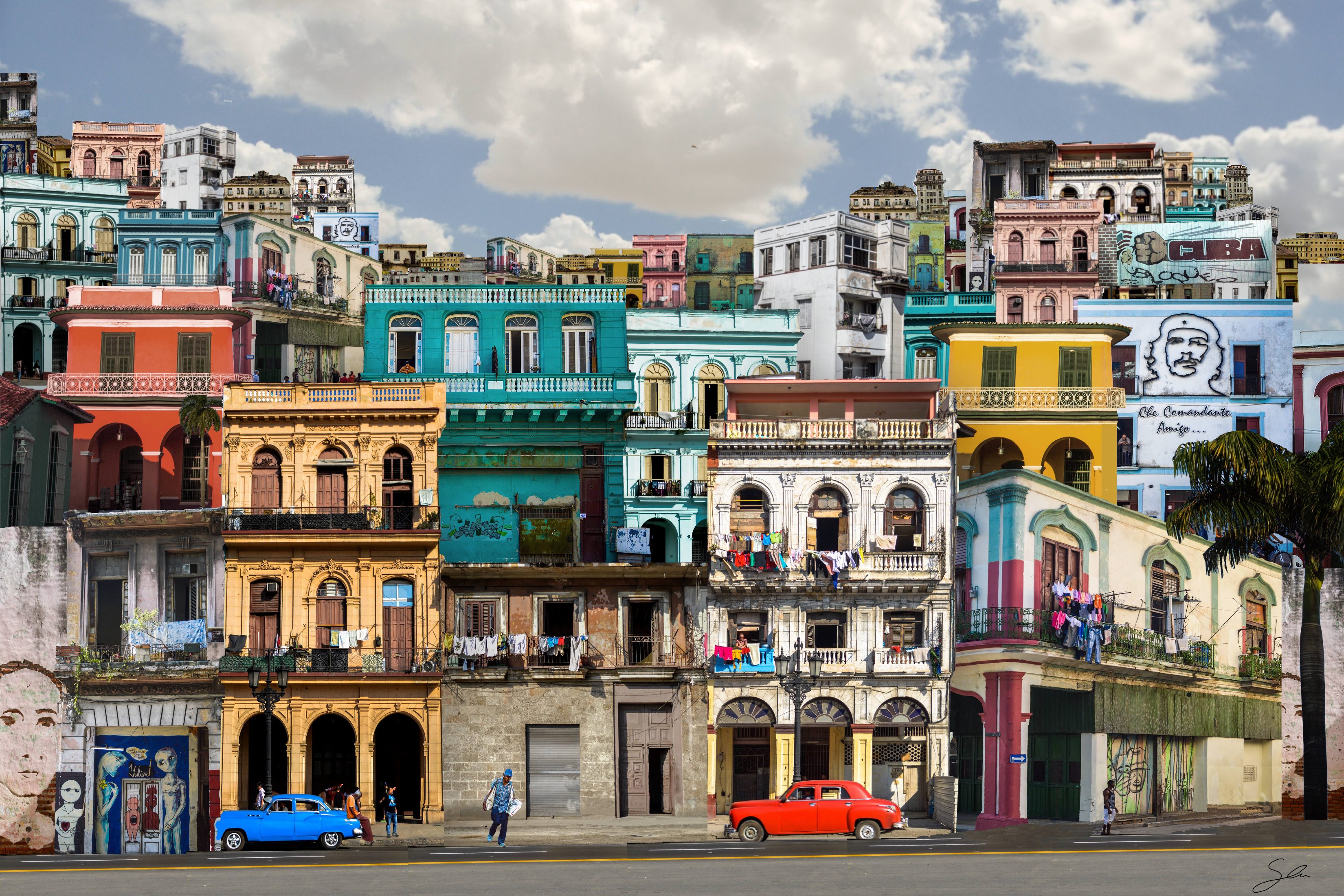 Medium: Photography and Photoshop. A surreal collage mostly consisting of buildings from Havana, Cuba. The images are arranged to mimic that of a street with buildings rising two to four stories tall. Smaller buildings in the back create a second layer of buildings as if they are elevated on a hill.