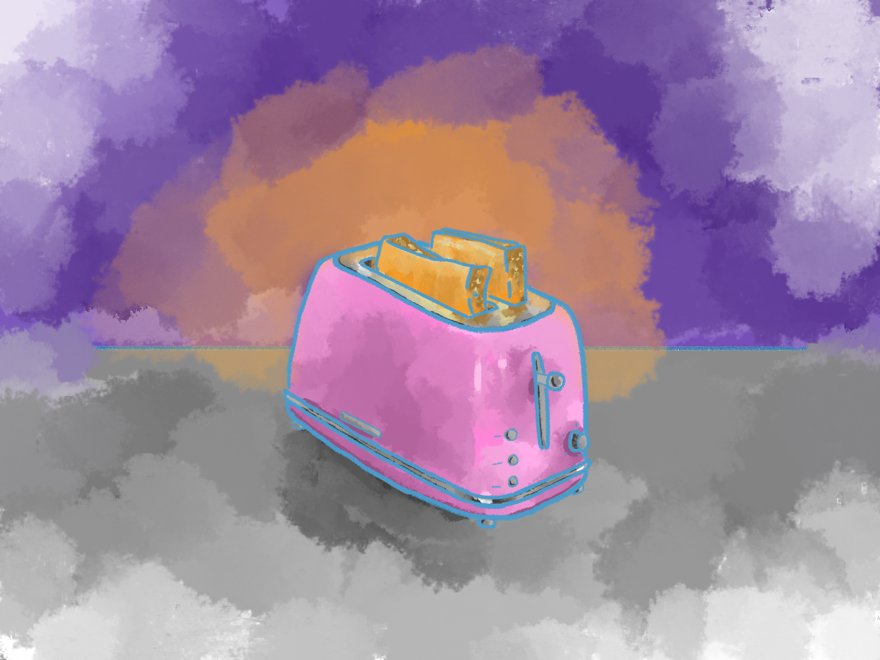 A purple toaster has finished cooking two slices of toast. The heat radiates from the toaster in a soft orange aura against a purple foreground.