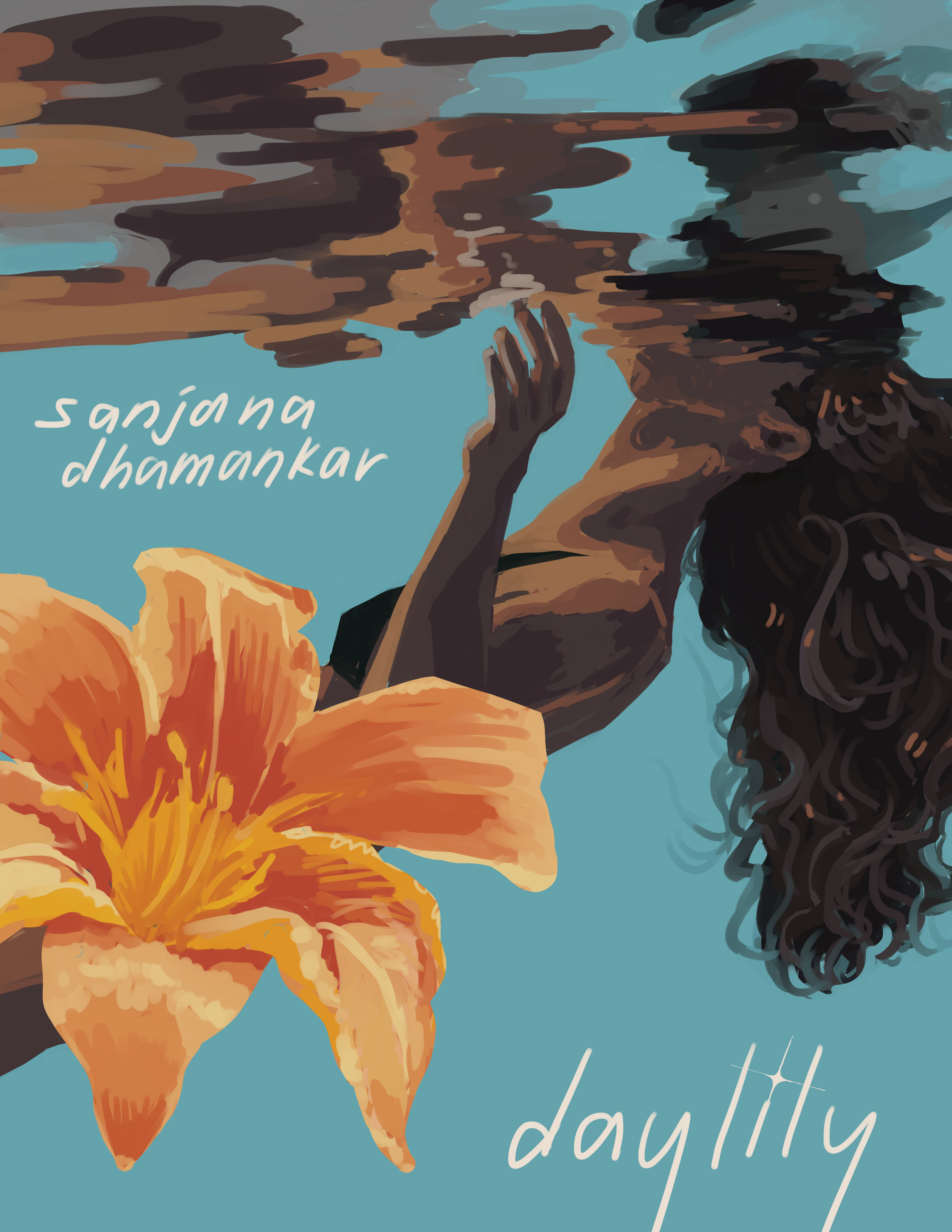 A Black woman is submerged underwater except for her face. Her body floats upright as her fingertips touch the reflections off the surface. An orange daylily is overlaid across her waist