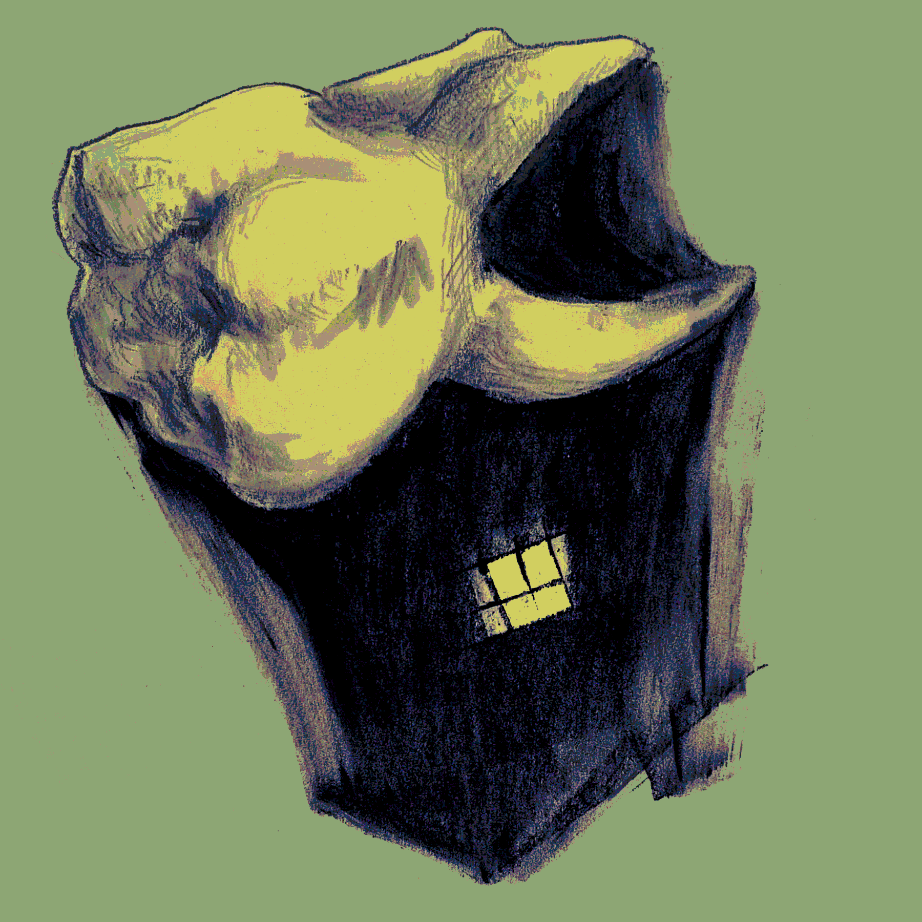 An extracted molar's shadow forms a house. Light illuminates the singular window at the center of the shadow.