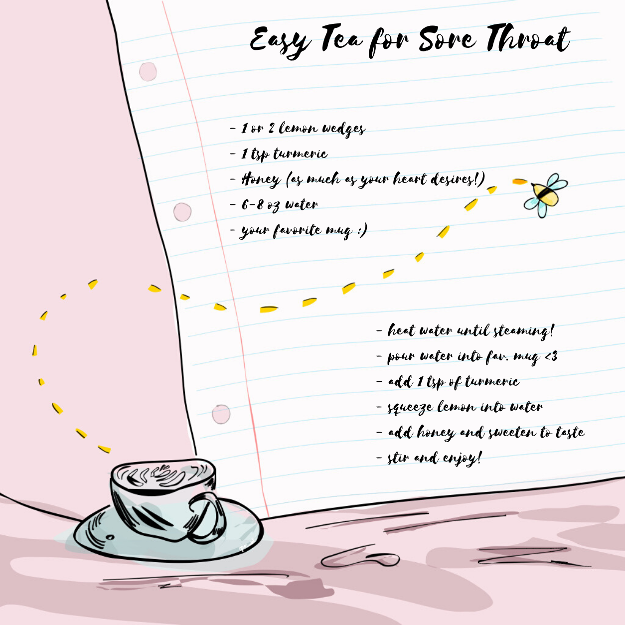 A recipe sheet on a lined piece of paper. A bee is flying around a teacup.