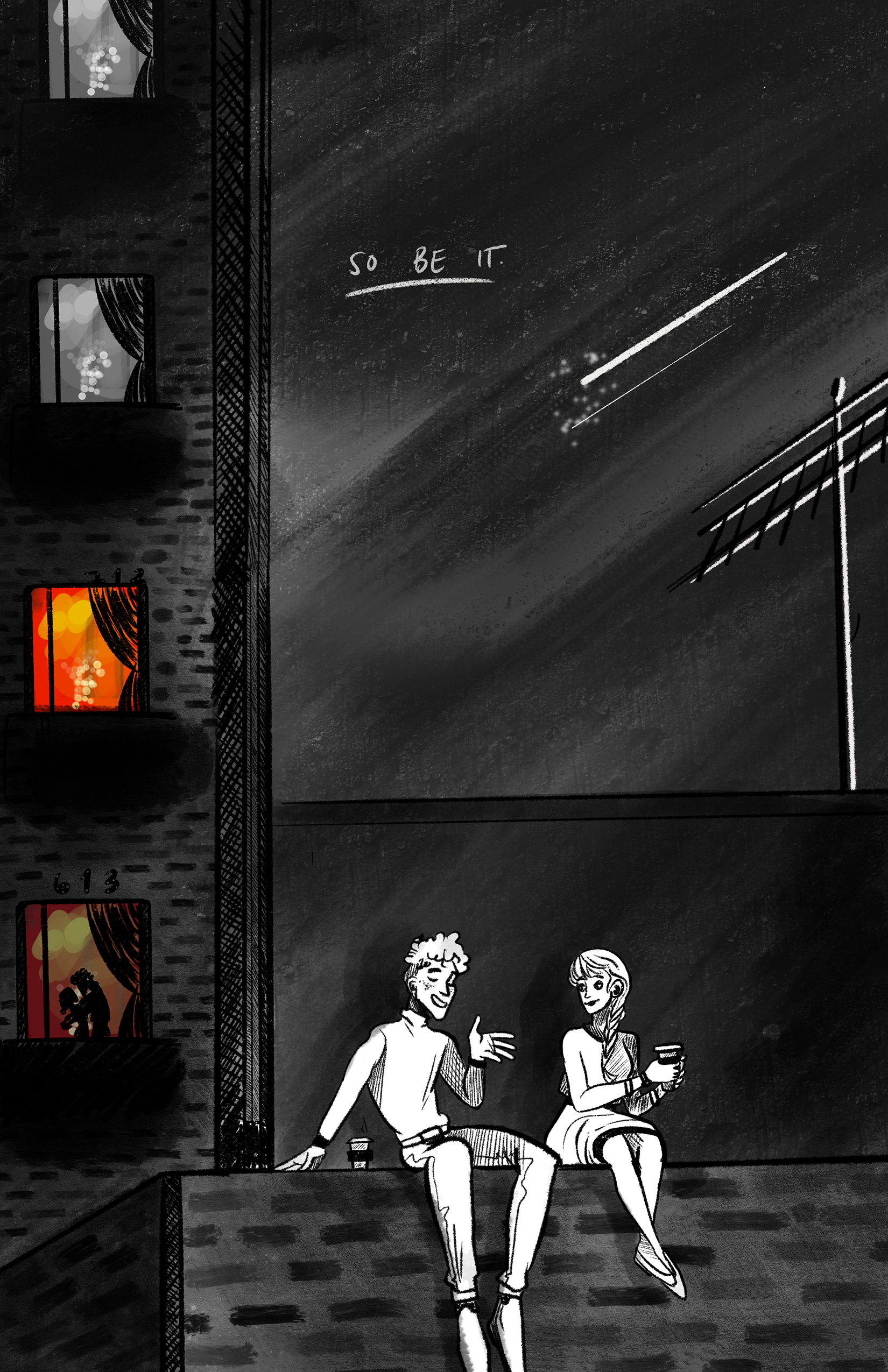 The man and woman sit on a brick wall late at night and chat with cups of coffee. In the apartment background, a couple in a romantic embrace can be seen through the second-floor window.