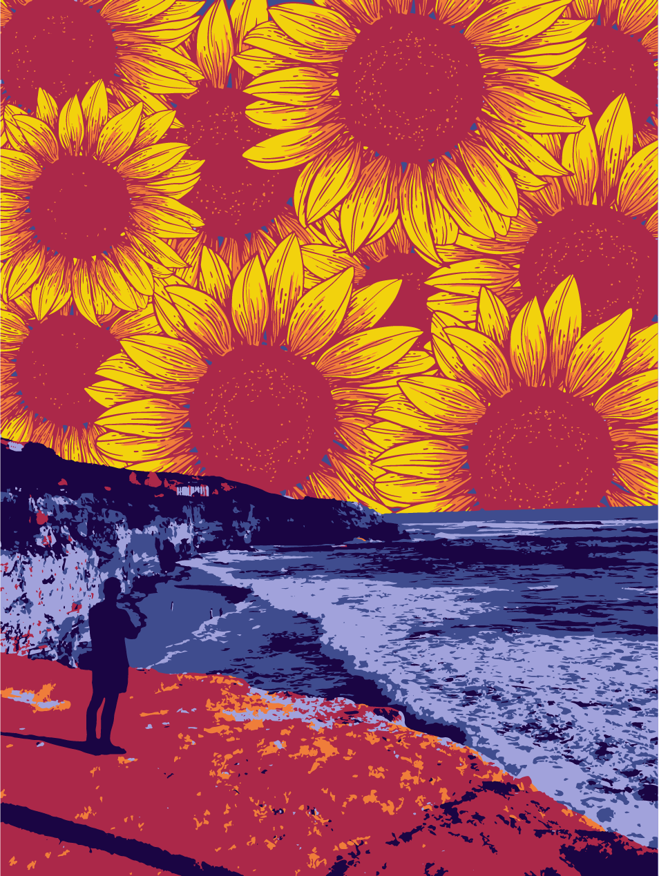 A view from the La Jolla, San Diego beach cliffs. A silhouetted man smokes and looks ahead. The sky is replaced by a field of giant sunflower heads.