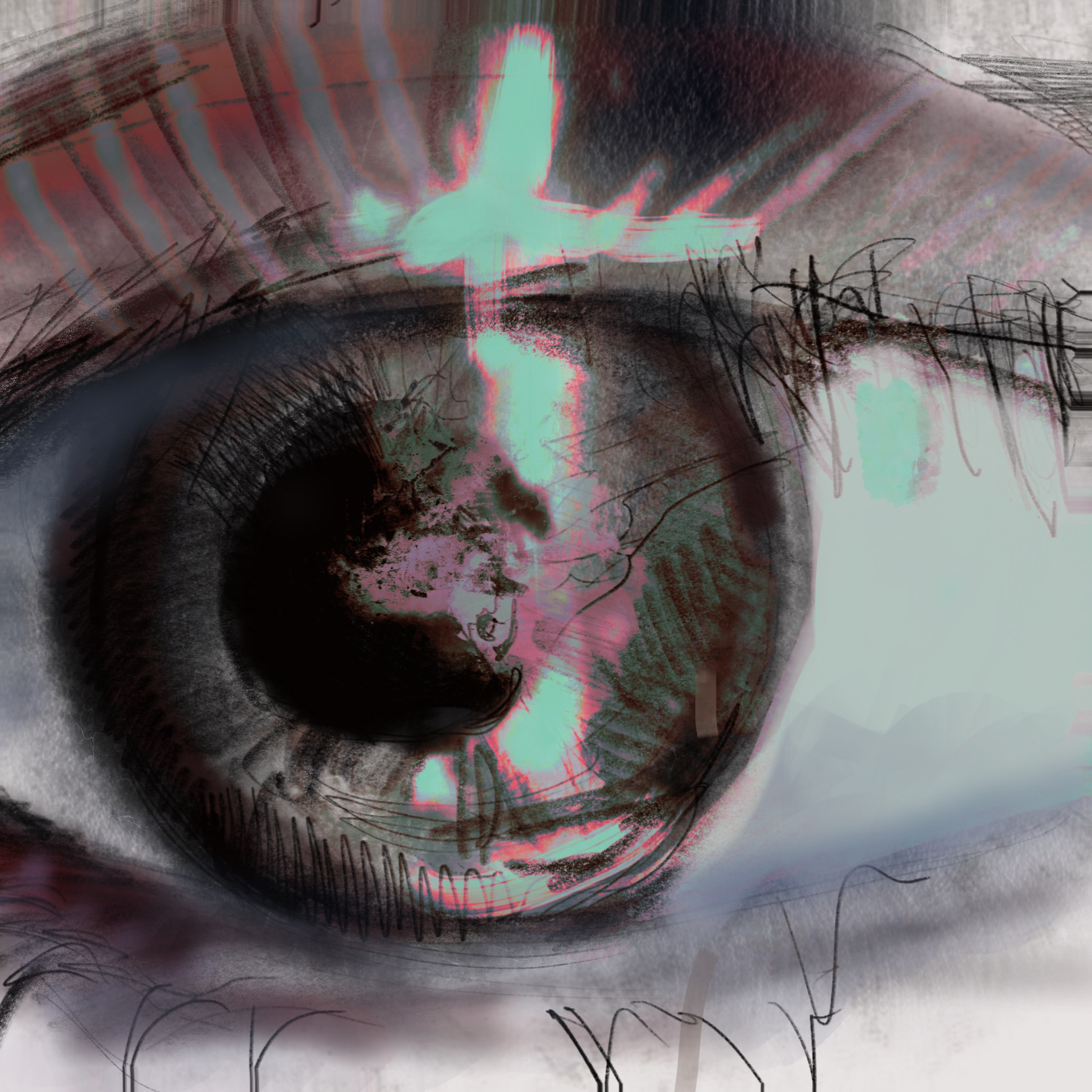 A close-up digital illustration of an eye. A bright reflection shines on the lens and upper lid.