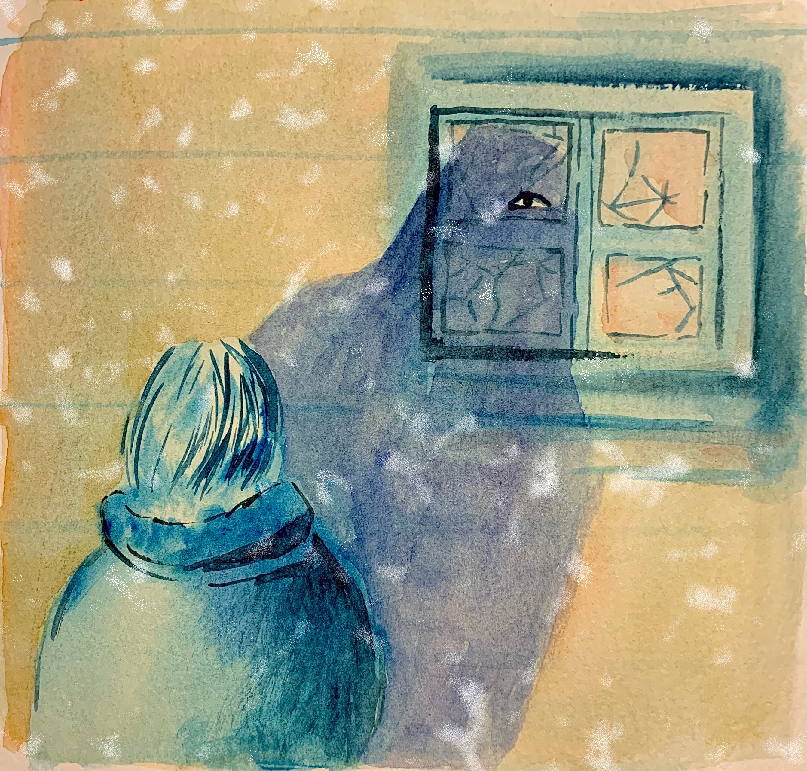 Watercolor. A person faces a broken window. Their shadow covers the left two panes and an eye appears from the top left pane.