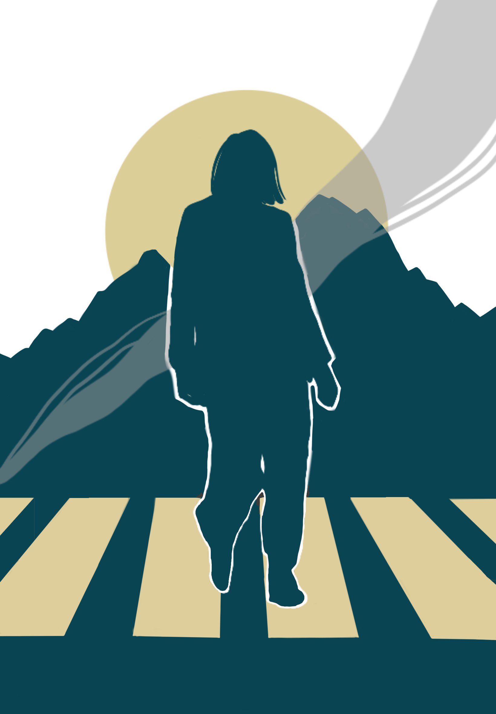 A girl walks over a crosswalk towards the viewer. There are mountains and the sun behind her.