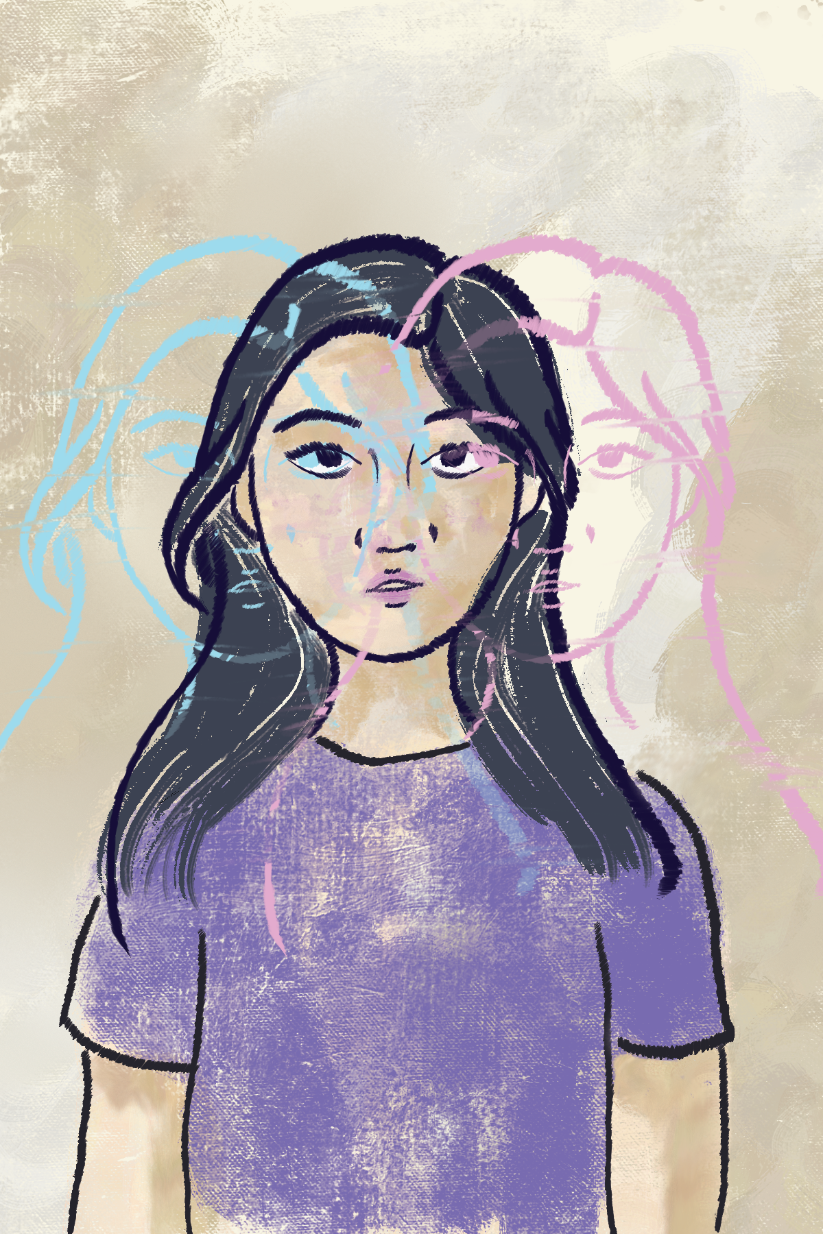 A girl in a purple t-shirt looks forward. Blue and pink outlines of her head and face are transposed to the sides of her