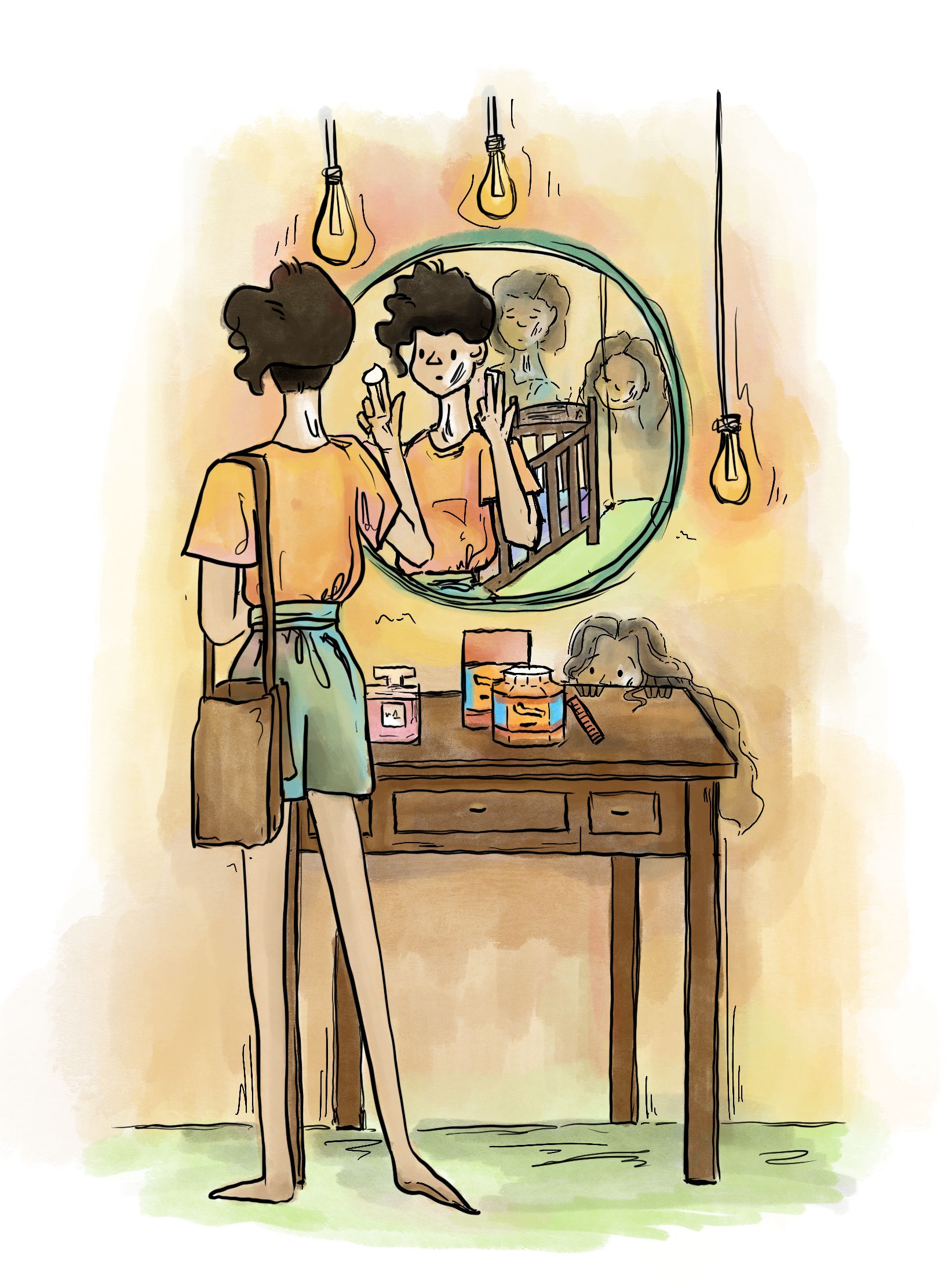 A young woman applies balm to her cheek while looking at herself in the mirror. Reflected is a crib and two faces of her mom and sister. Peeking above the makeup table is a ghost of her younger self.