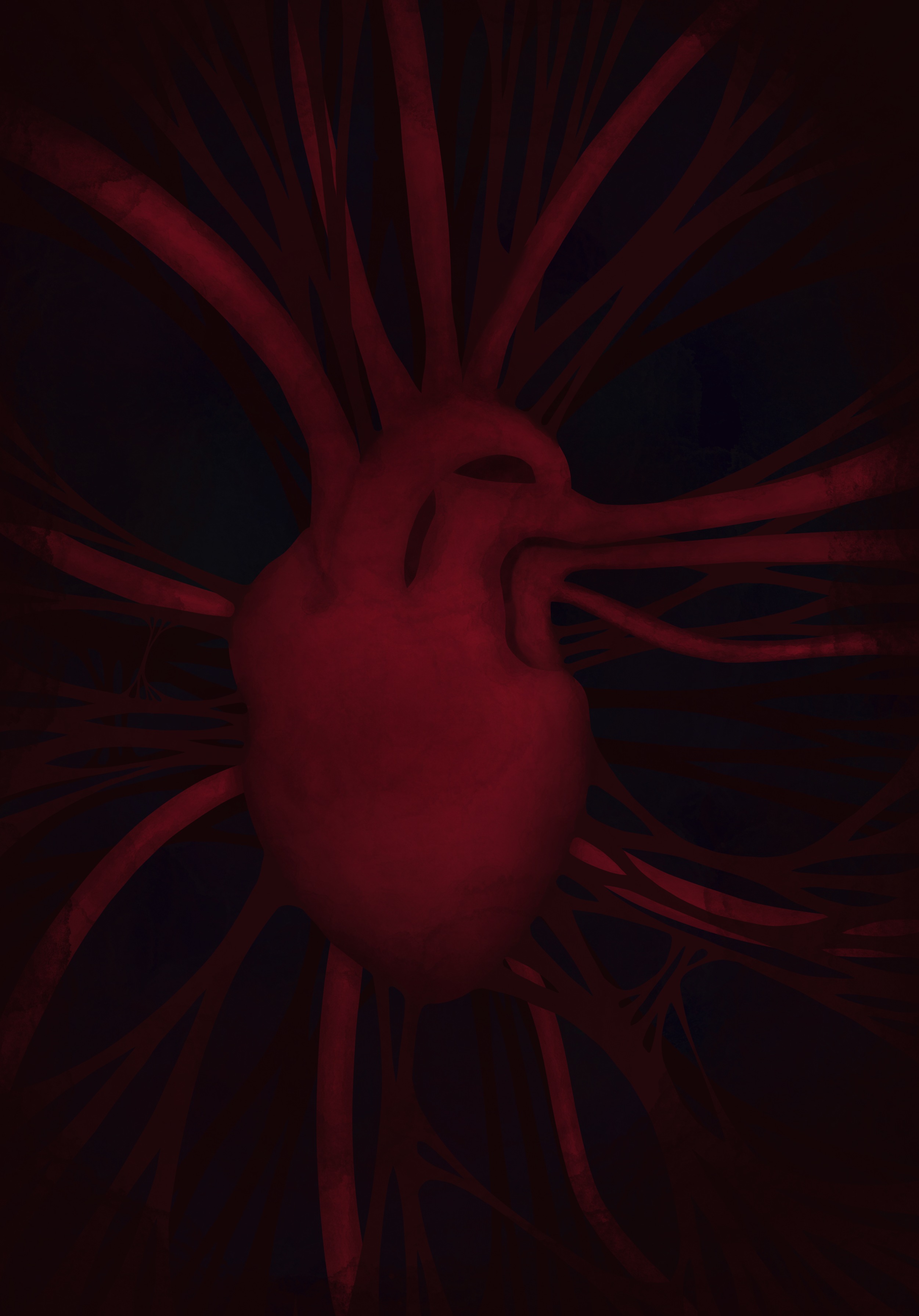 A human heart with red membranes attaching to it from all sides.