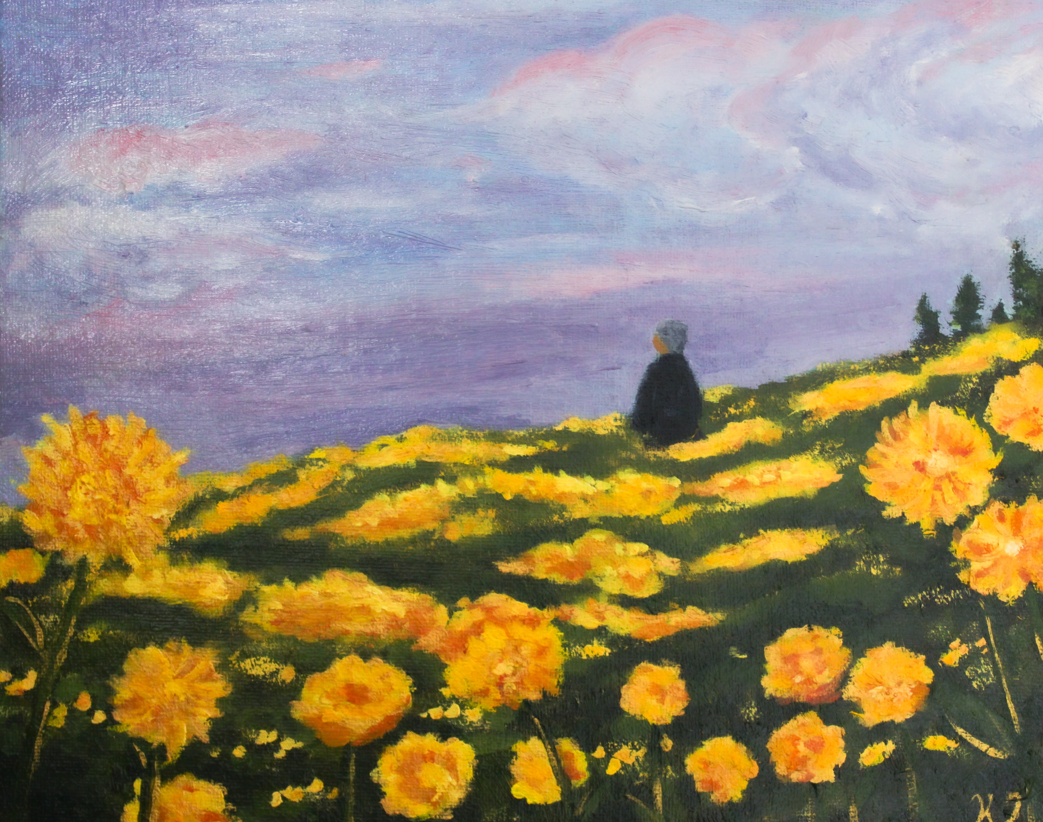 A person standing in a field of dahlias looks up at the purple sky.