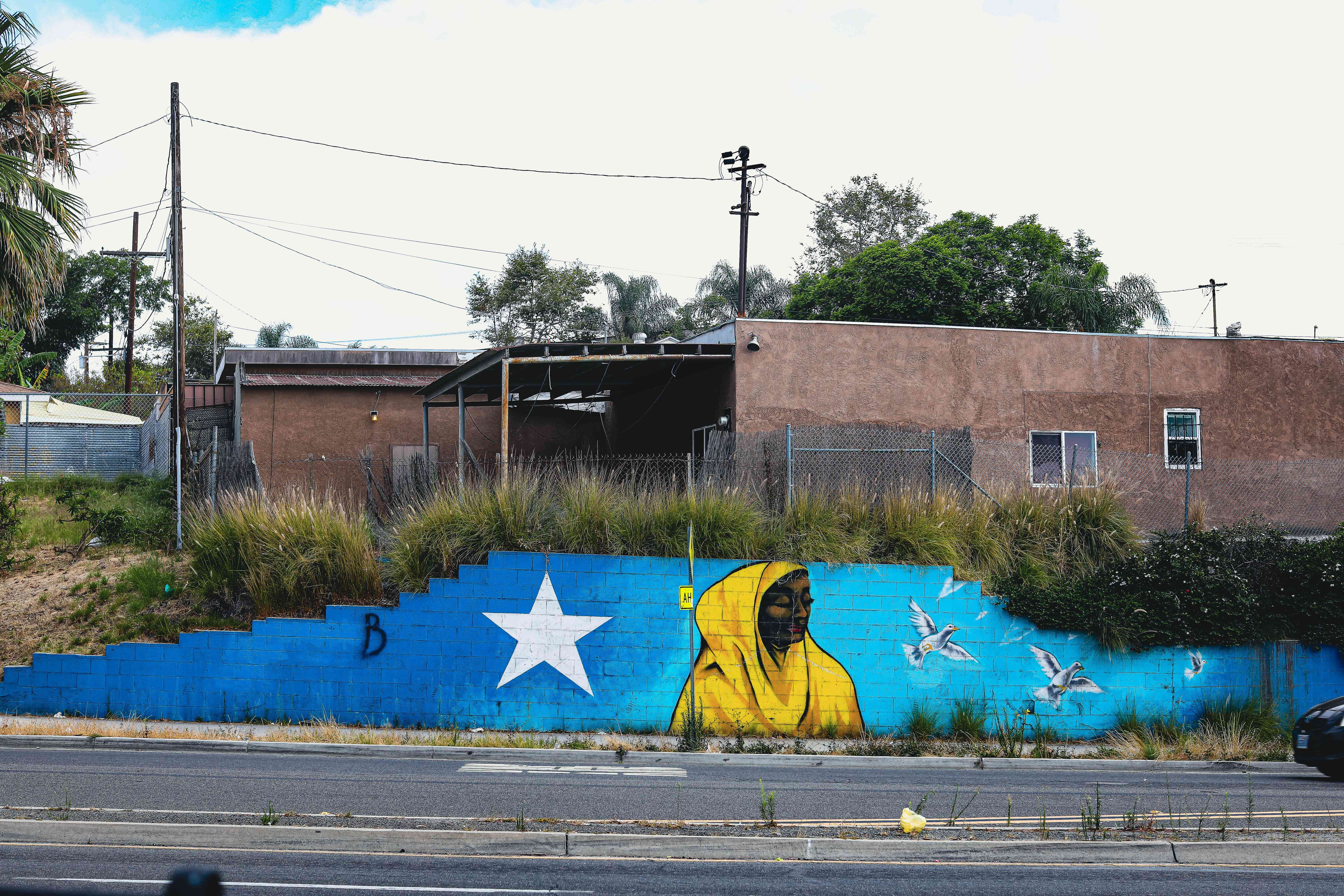 A photograph of a mural in San Diego. The mural shows a woman in a yellow hijab, a white star, and three white doves.