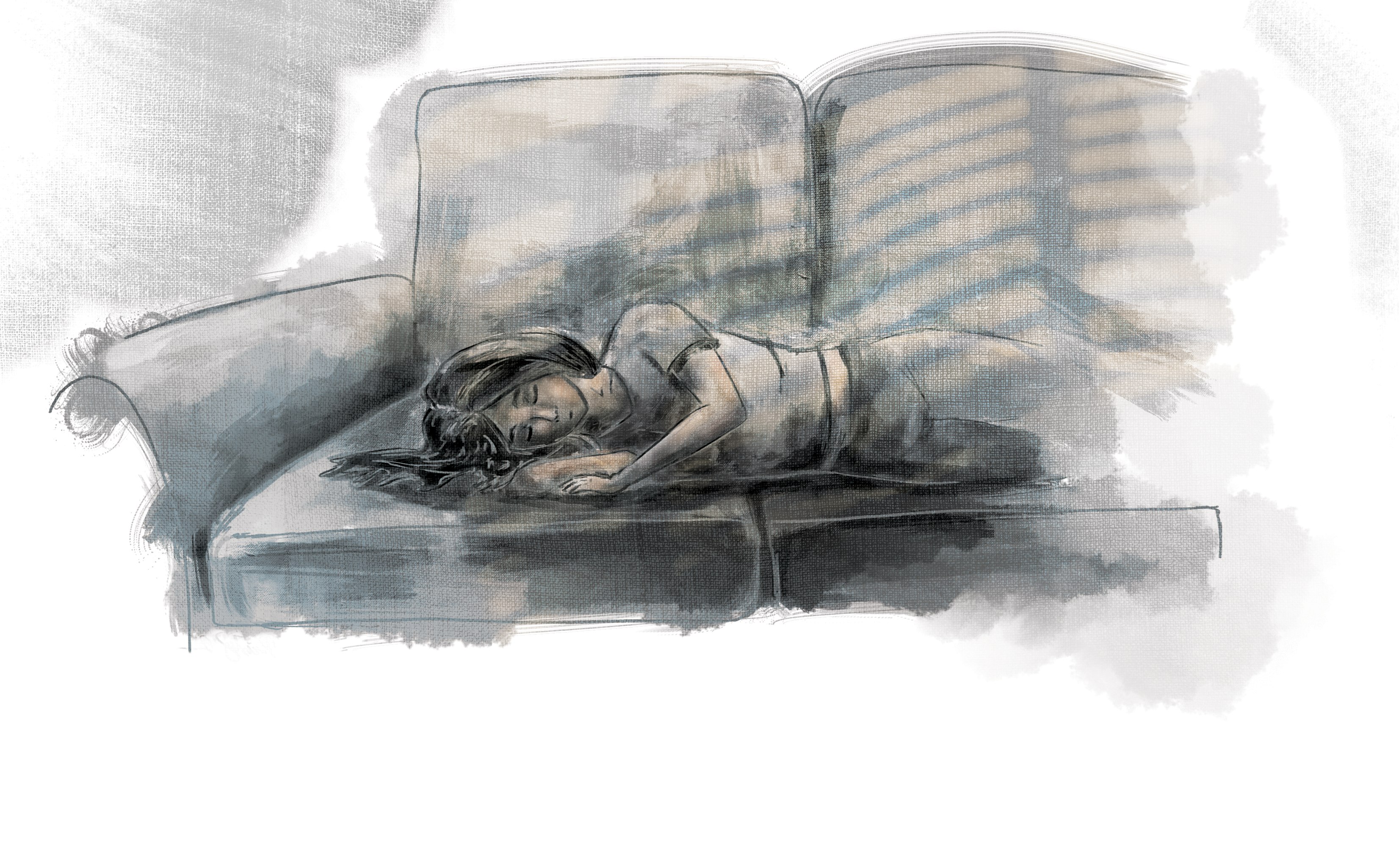 A girl is sketched laying asleep on a couch. Faint light shines through the blinds onto her, and watercolor paint in shades of black and grey fill the sketch.