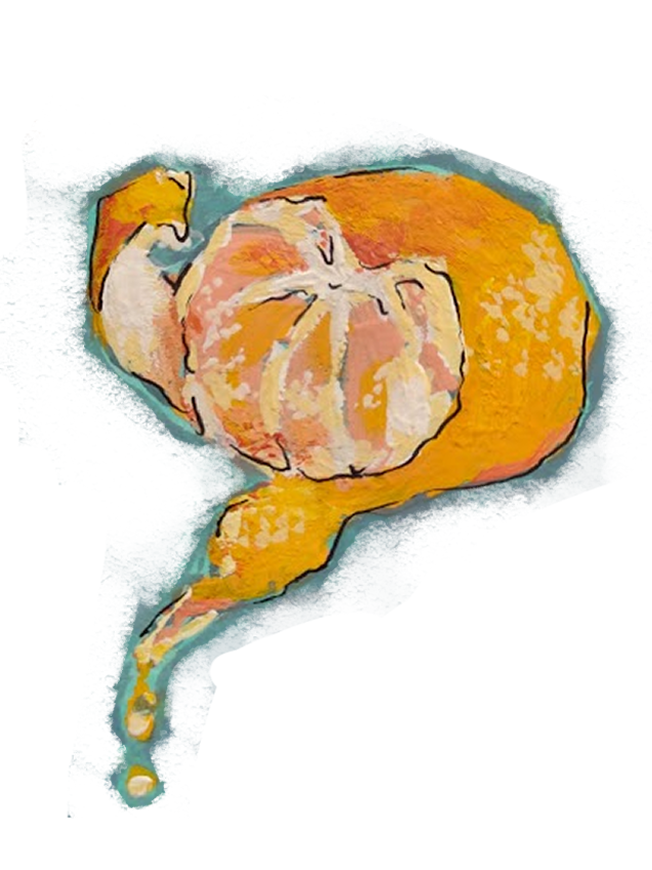 A digital illustration of a half-peeled tangerine.