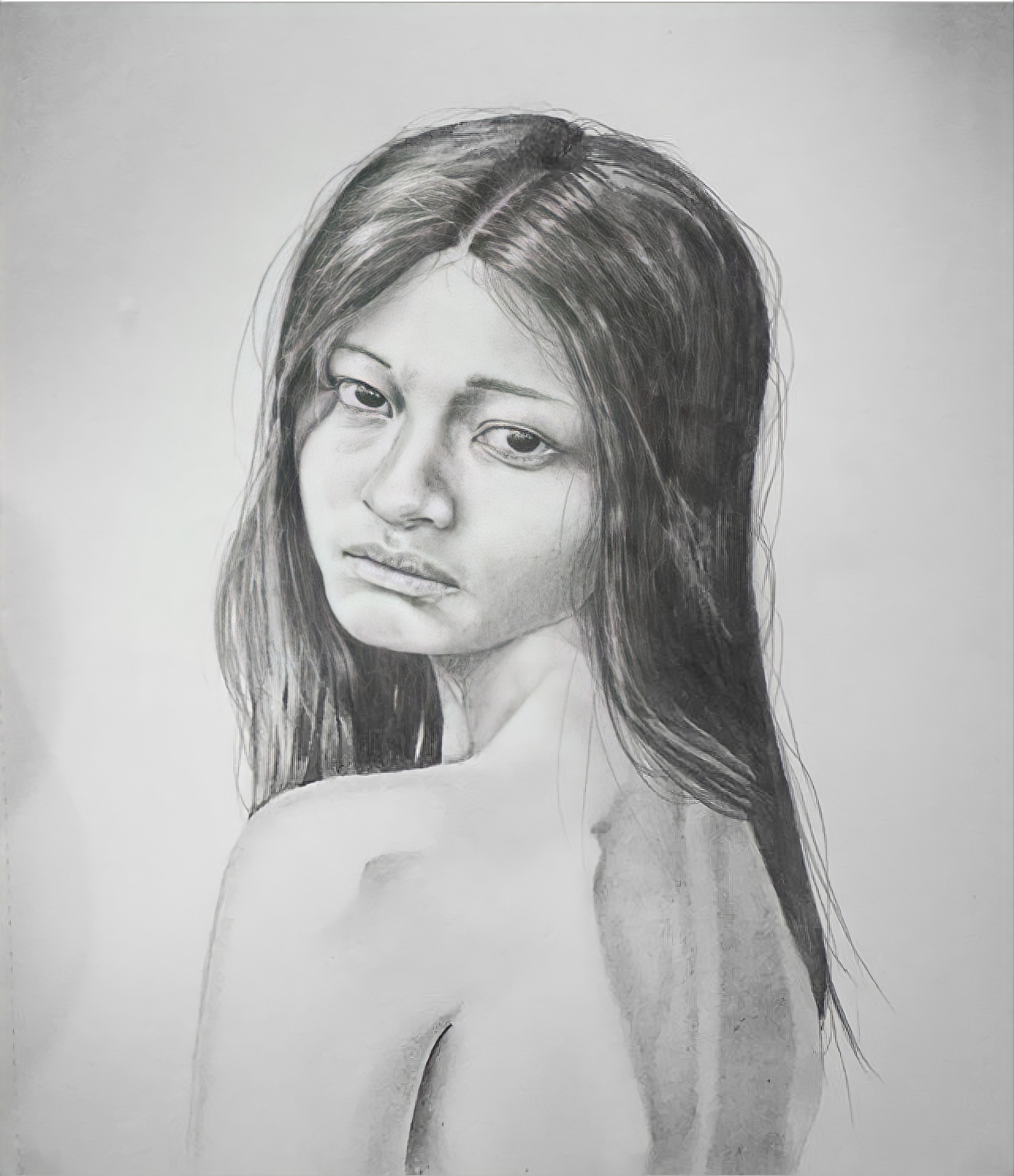 Medium: graphite on acid-free paper. The nude bust of a woman is drawn with her back turned. Her forlorn expression looks to the viewier.