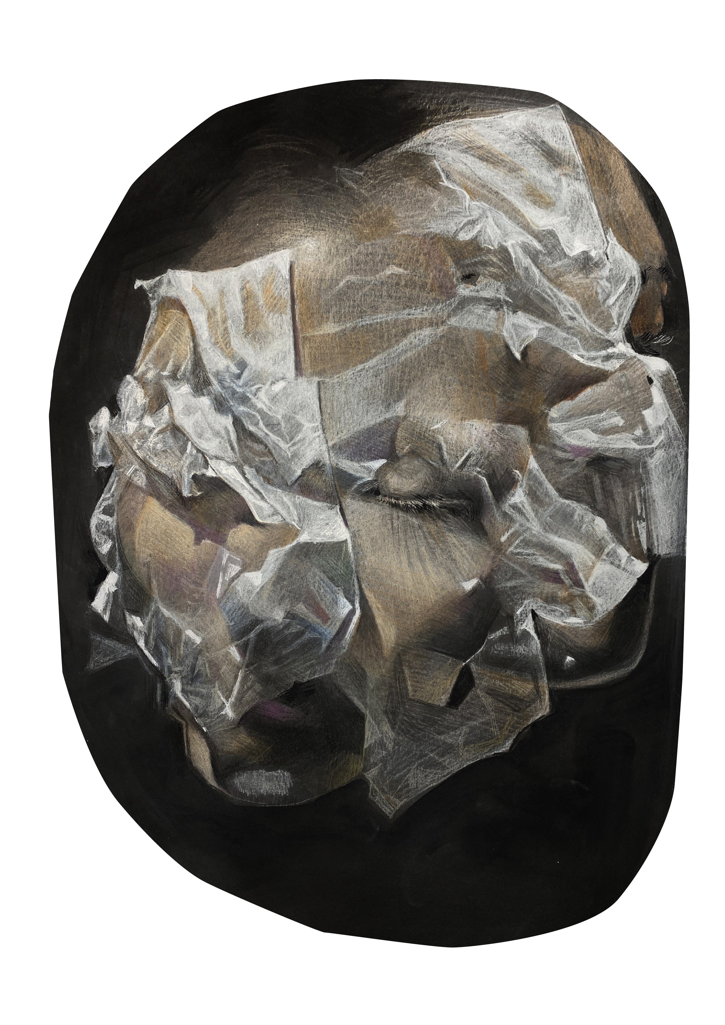 Illustration of two faces close together, which are covered with wet tissues. Our vision of their full faces is obscured.