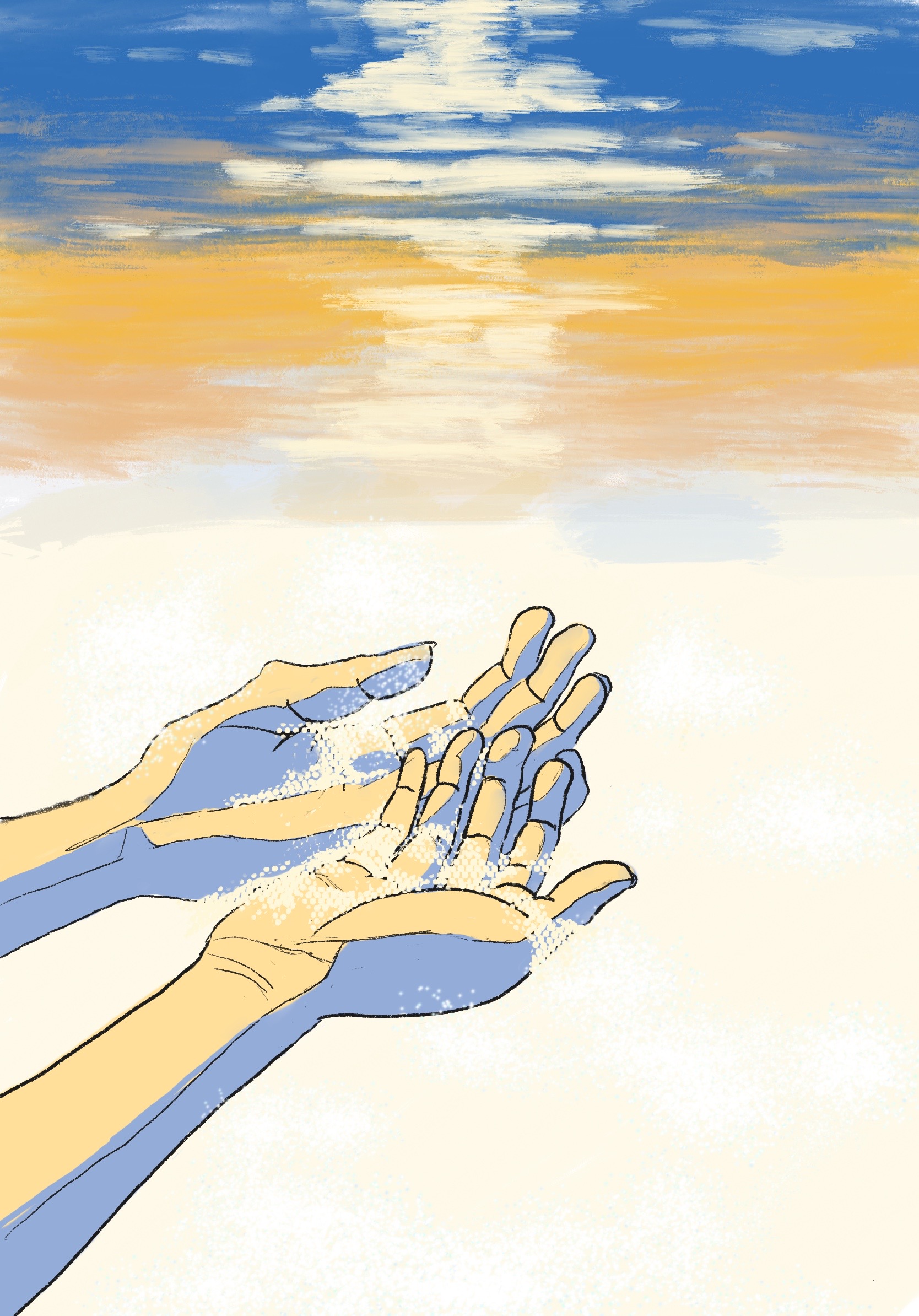 Digital painting of two hands with sand falling through them. Above them is a yellow and blue rendering of sunlight reflecting on water.