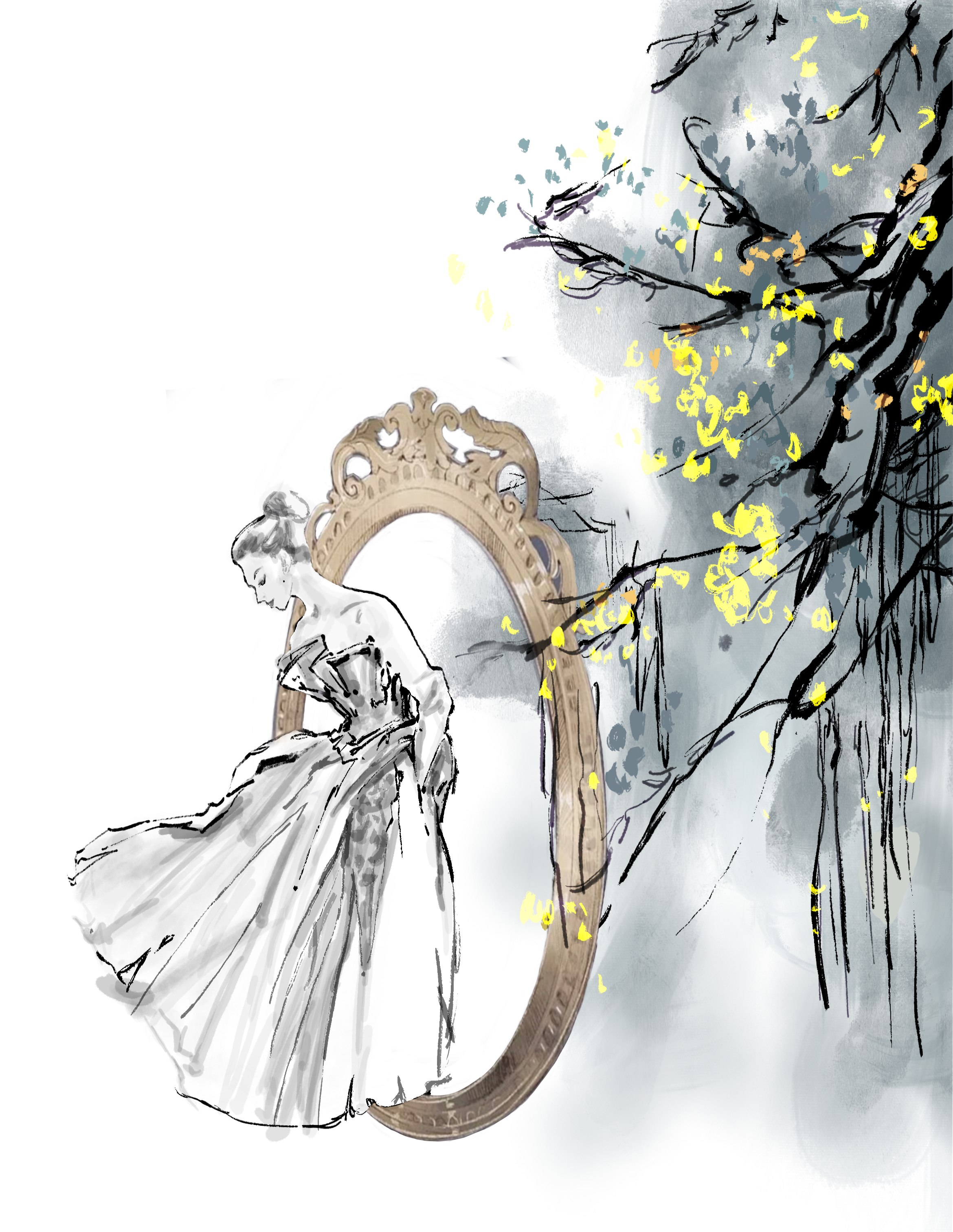 Illustration of an elegant woman stepping out of a ornate oval mirror. To the right is the black branches of a tree with yellow flowers.