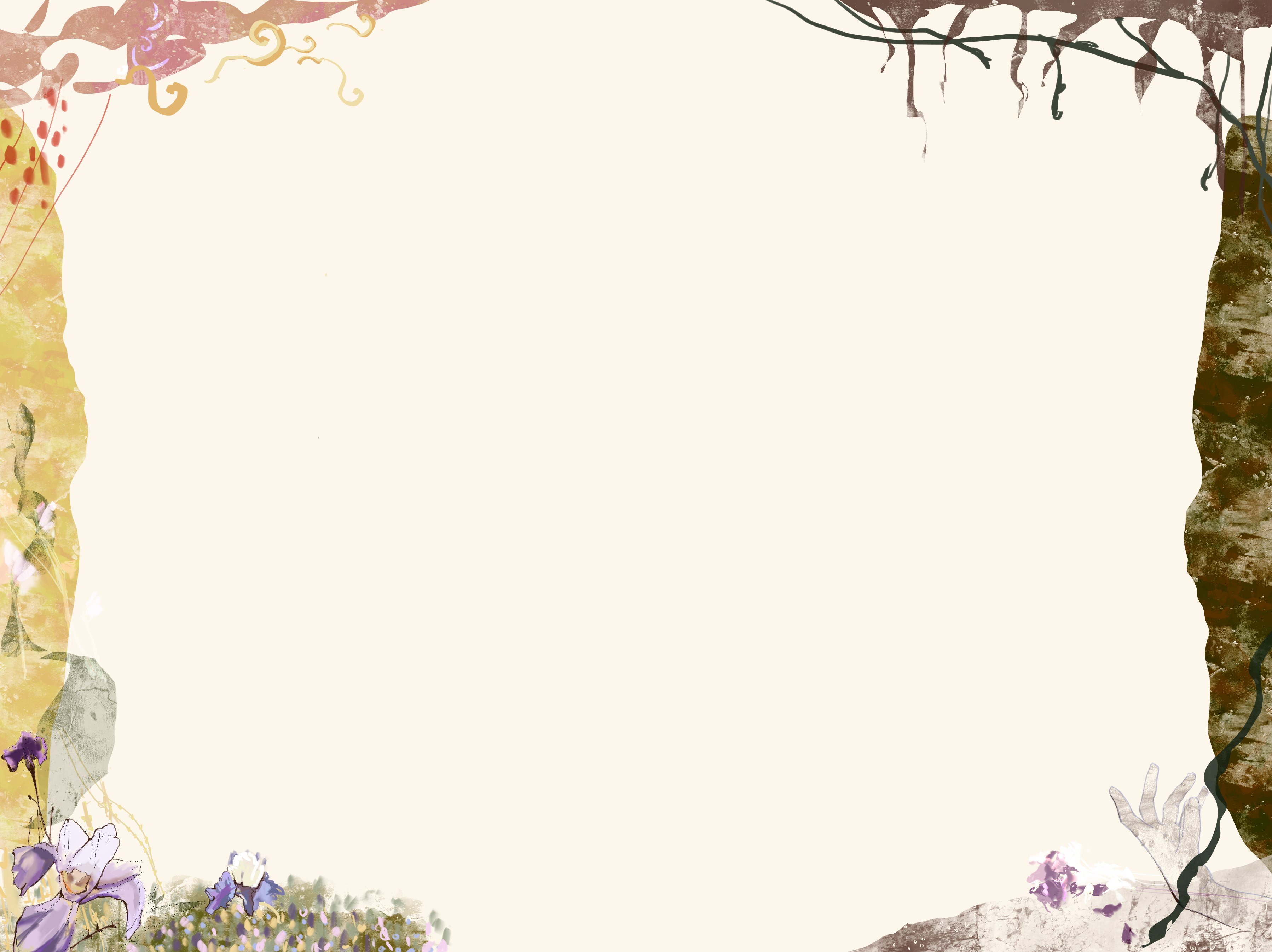 Illustration of a beige background bordered by a few vines, flowers, a hand, and abstract shapes resembling nature.