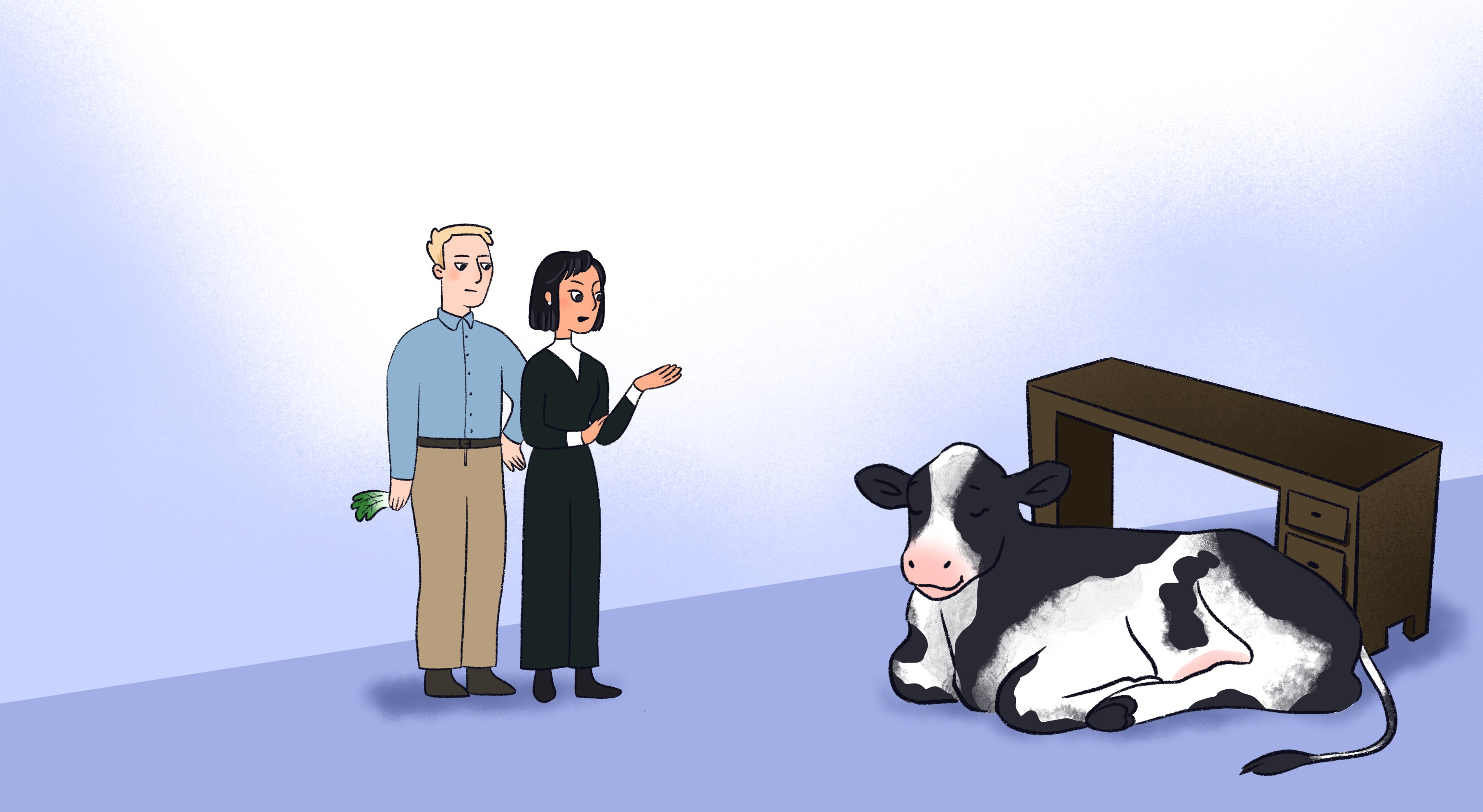 Illustration of a girl and a blonde man holding lettuce looking perplexed at a cow. The cow sits with its eyes closed in front of a desk.