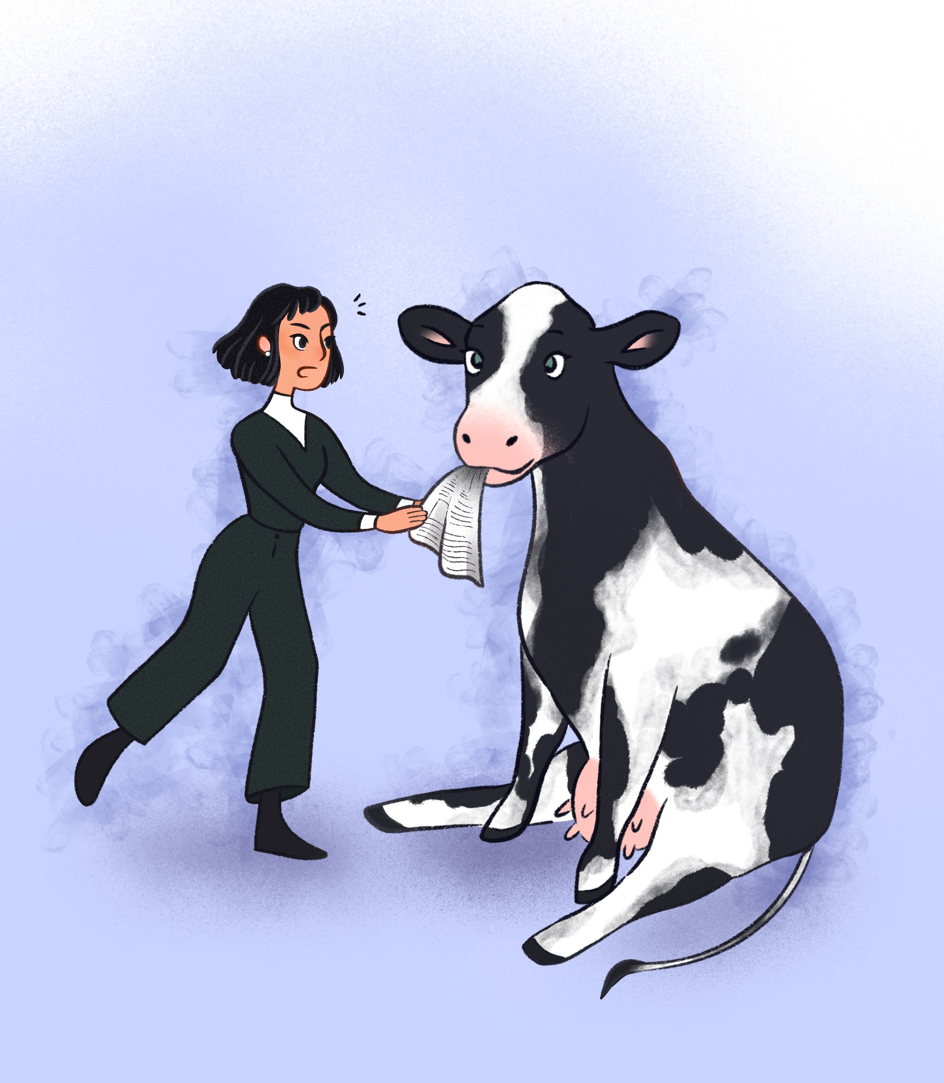 Illustration of a girl in black and white formal clothing trying to extract papers from a content cow, which is sititing on its hind legs.