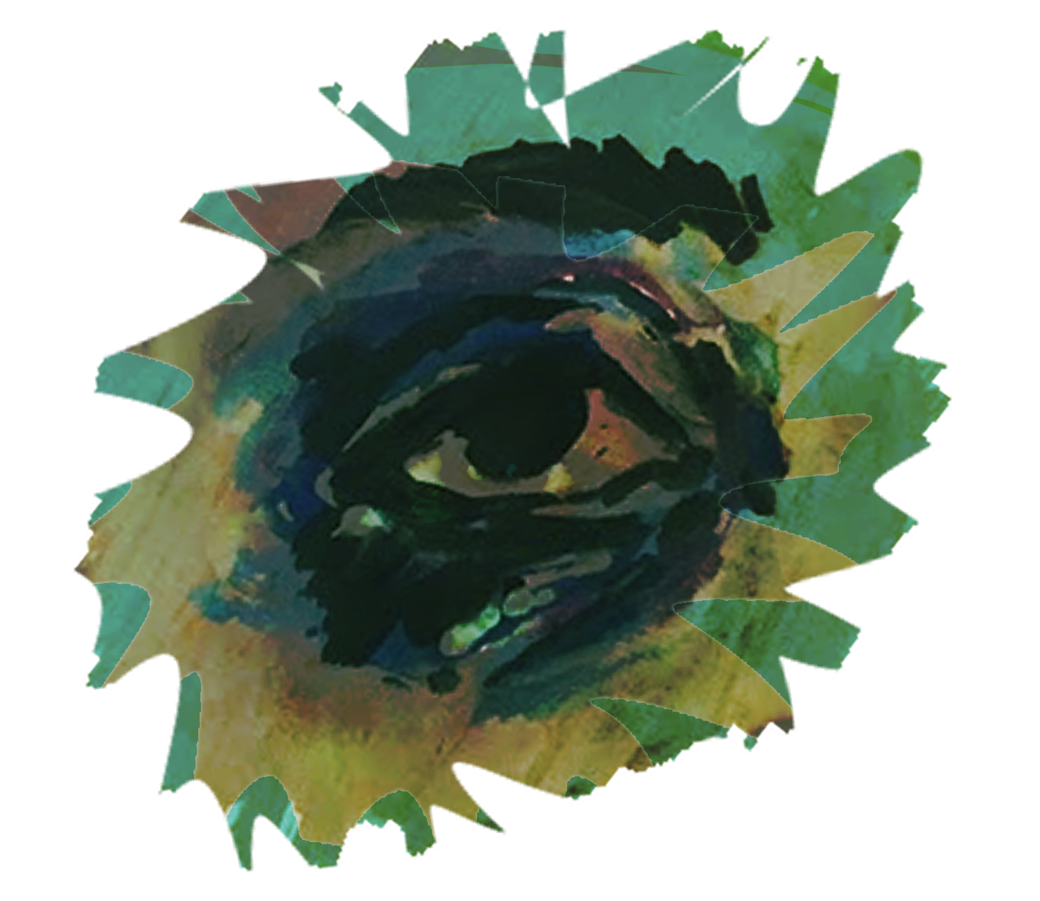 A digital painting of an eye and eyebrow, cast in shades of green, blue, and yellow.