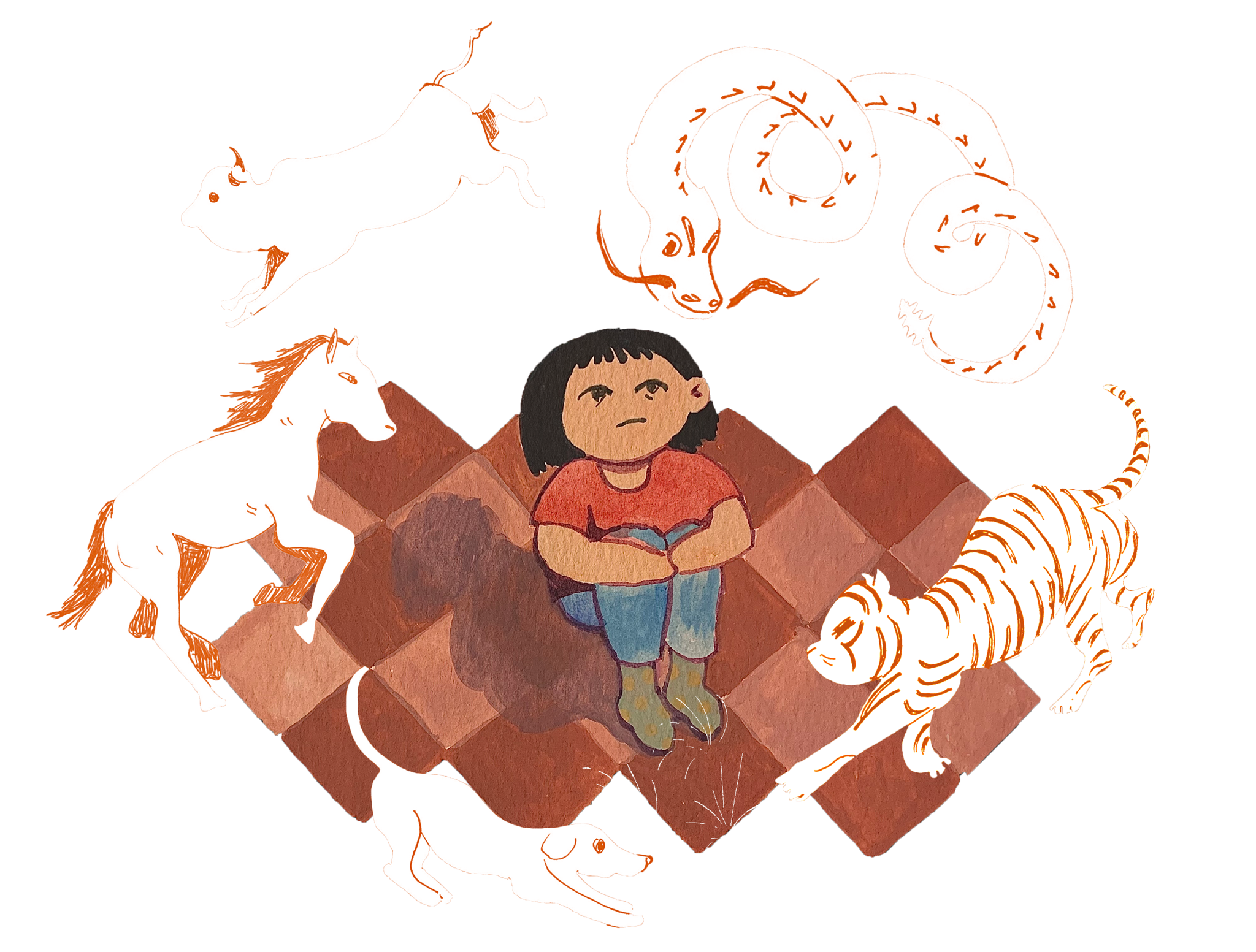 Illustration of a girl sitting on a checkerboard floor with a snake, a tiger, a dog, a horse, and an ox forming a circle around her.